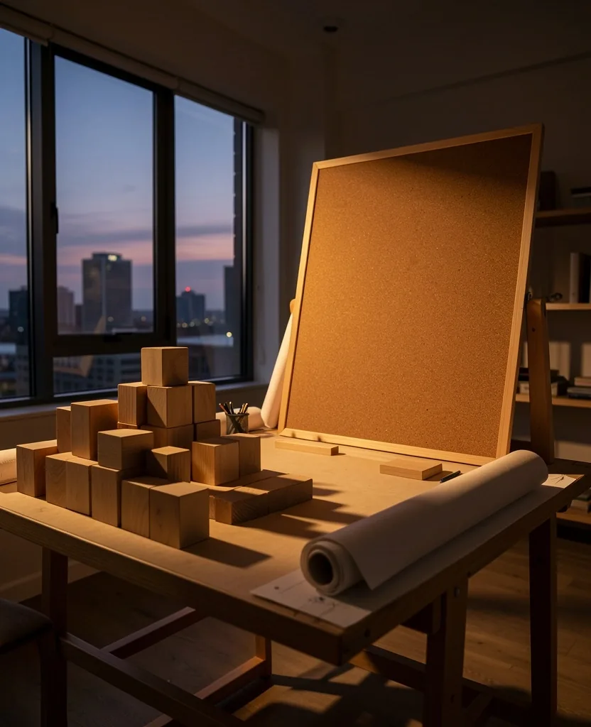 夕暮れの建築スタジオに置かれた幾何学的な木製モデル
